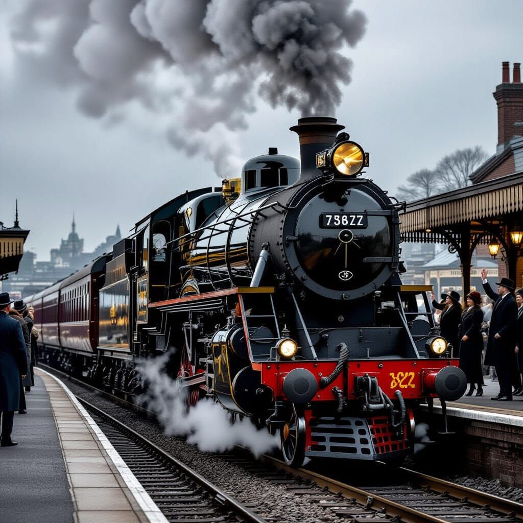Victorian Steam Train Departs Bustling Station in Monochrome