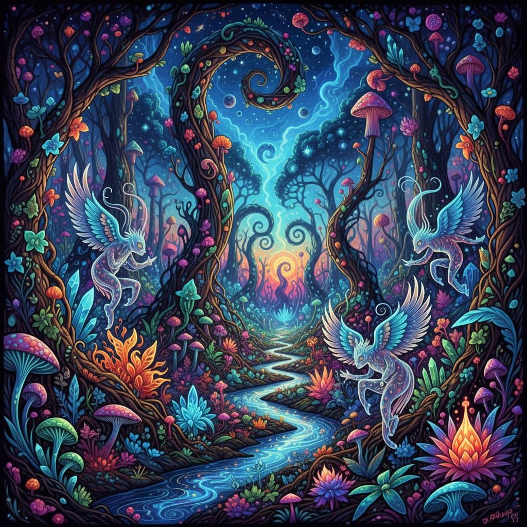 Bioluminescent Jungle at Twilight with Ethereal Creatures