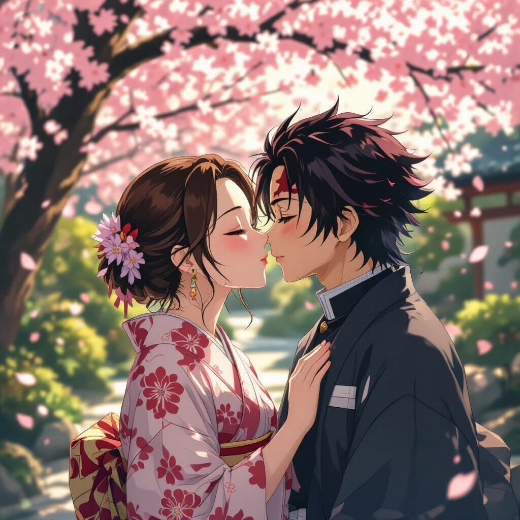 Kanao and Tanjiro Share a Kiss in Japanese Garden