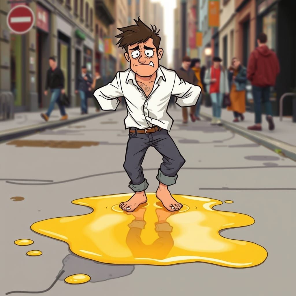 Man Stuck in Shiny Golden Glue on a City Street