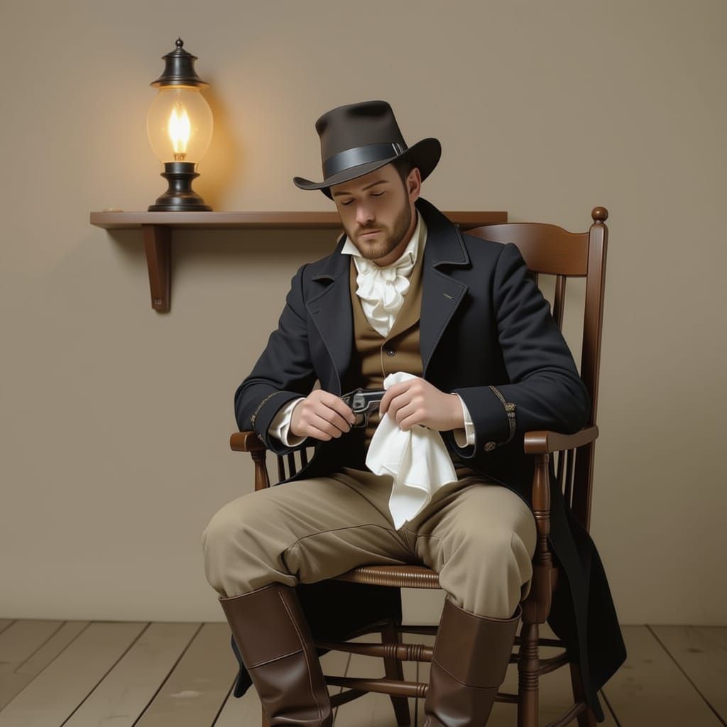 19th Century Man Cleaning Pistol in Wooden Chair