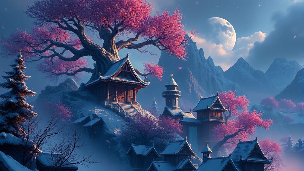 Fantastical Winter Scene in Detailed Matte Painting Style