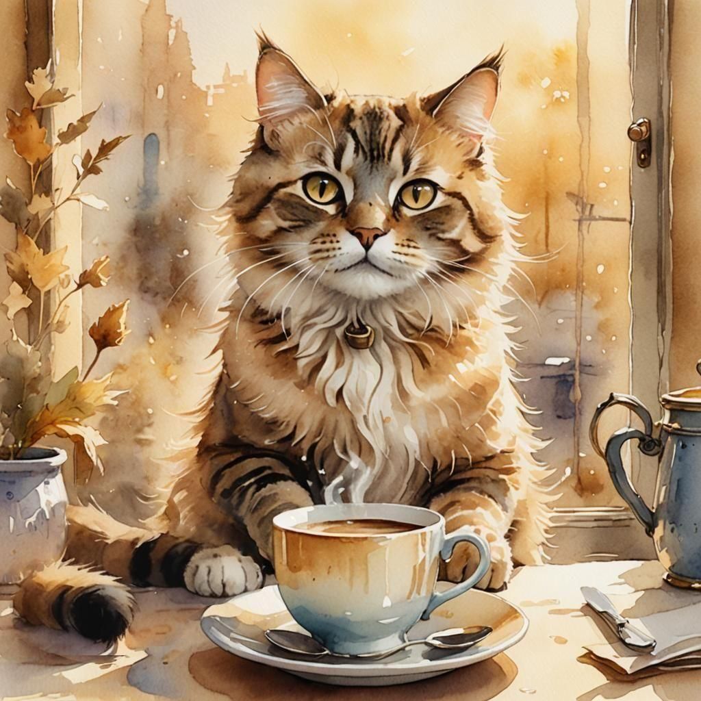 Cat Saying Bonjour With Coffee