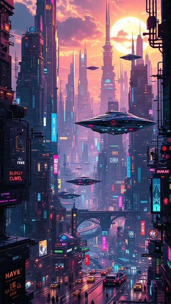 Cyberpunk Metropolis in 3D Anime Style with Floating Cars an...