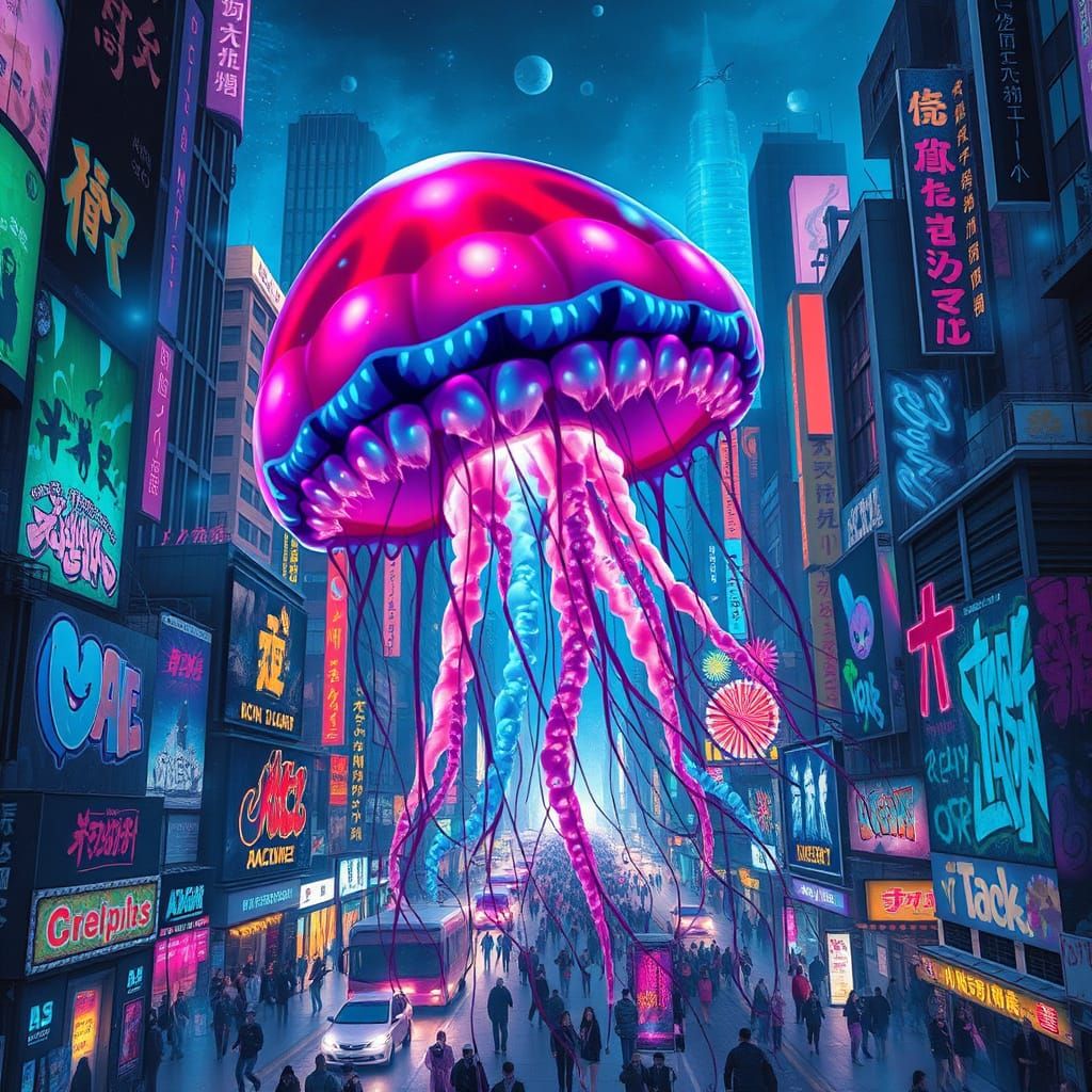 Surreal Cityscape with Bioluminescent Jellyfish