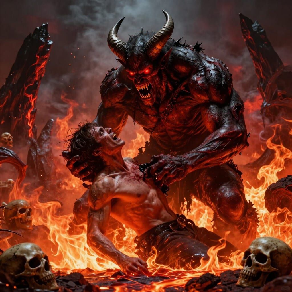 Hellish Demon Devouring Man in Fiery Landscape