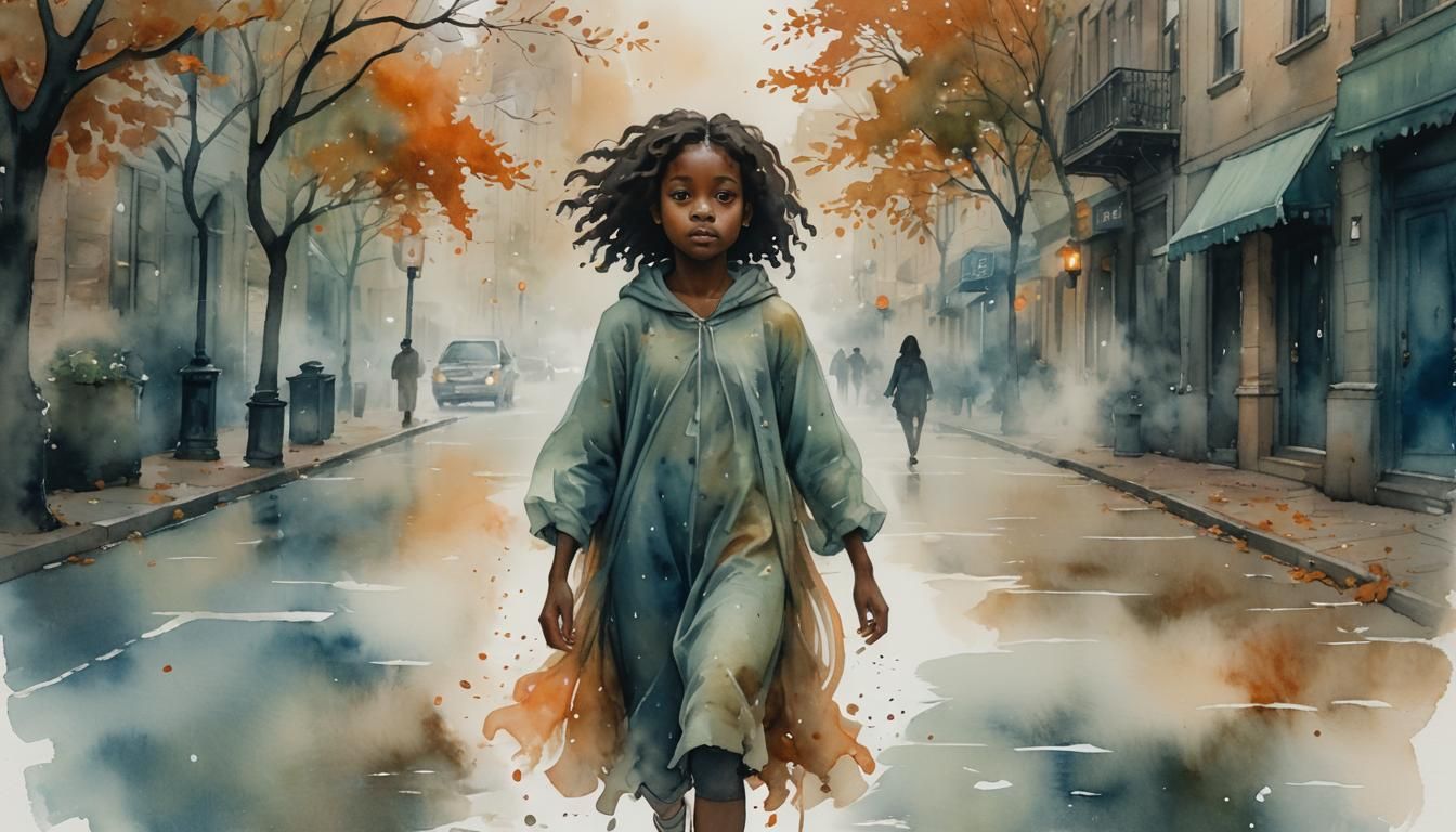 Ethereal Ghost Girl Drifting Through Fog: Watercolor Portrai...