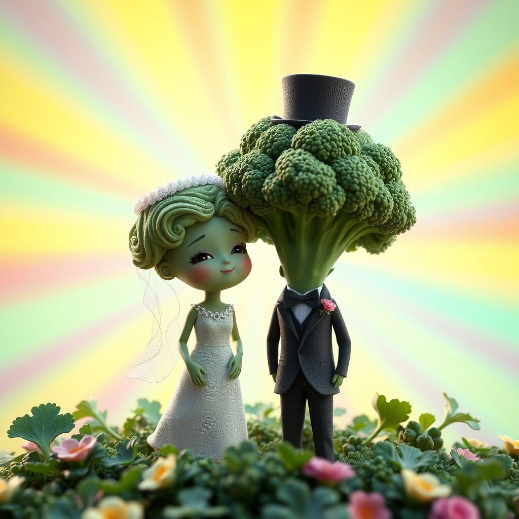Broccoli Wedding Scene in Whimsical 3D Style