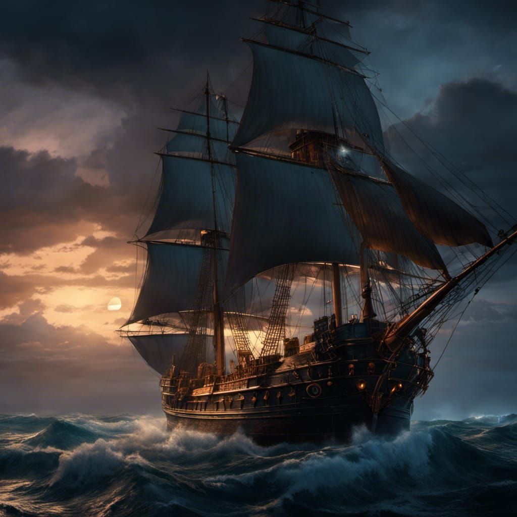 Stormy Seas on a Tall Ship at Night