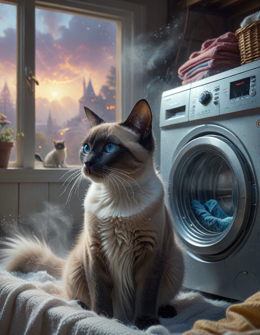 Siamese Cats Watch Washing Machine in Ethereal Mist