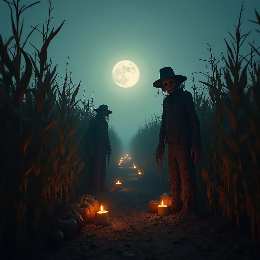 Eerie Moonlit Corn Maze Halloween Autumn Night Scene