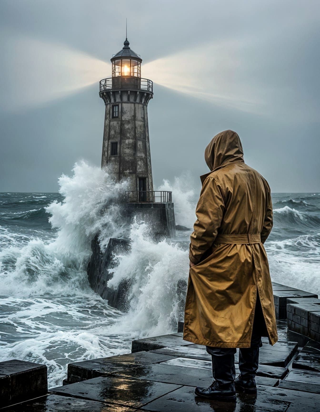 Lighthouse Keeper in Vintage Noir Storm