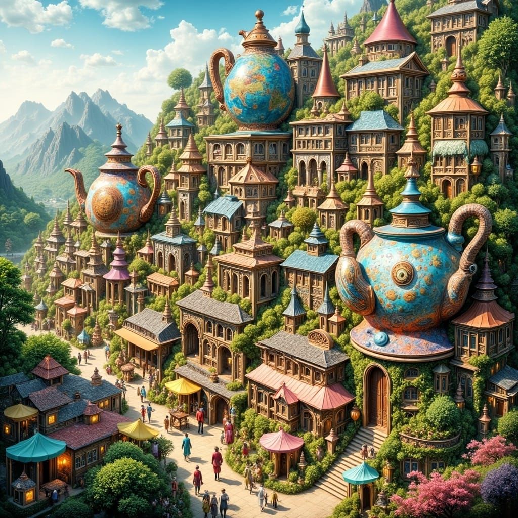 Whimsical Hillside Village in Vibrant Fantasy Style