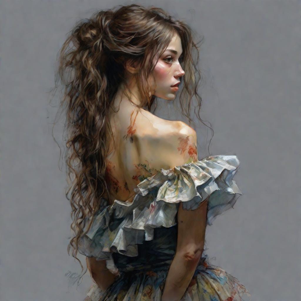 Woman Glancing Back in Digital Watercolor Painting