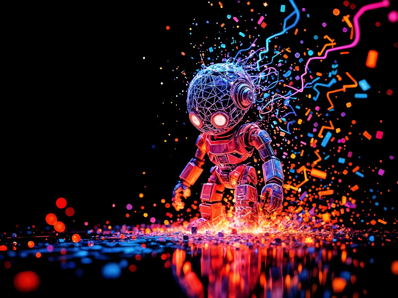 Toy Robot Dissolving into Neon Data Streams