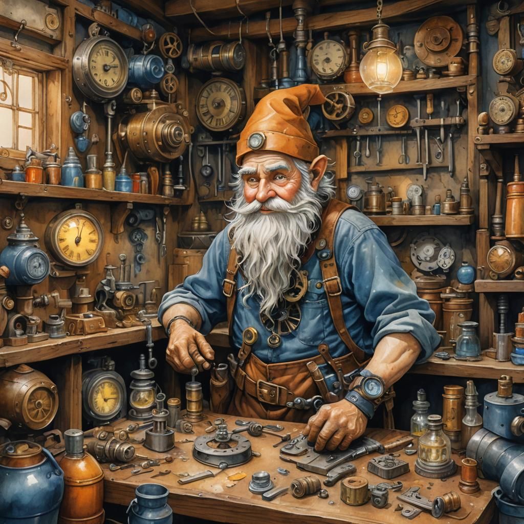 Gnome Tinkering with Clockwork, Watercolor Concept Art