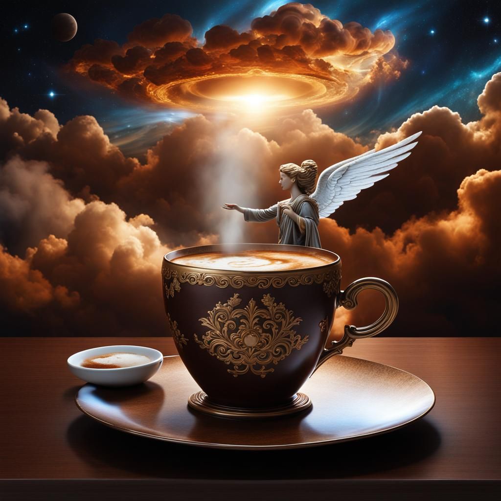 Cosmic Clouds Reveal Angel and Coffee: 3D Fantasy Art