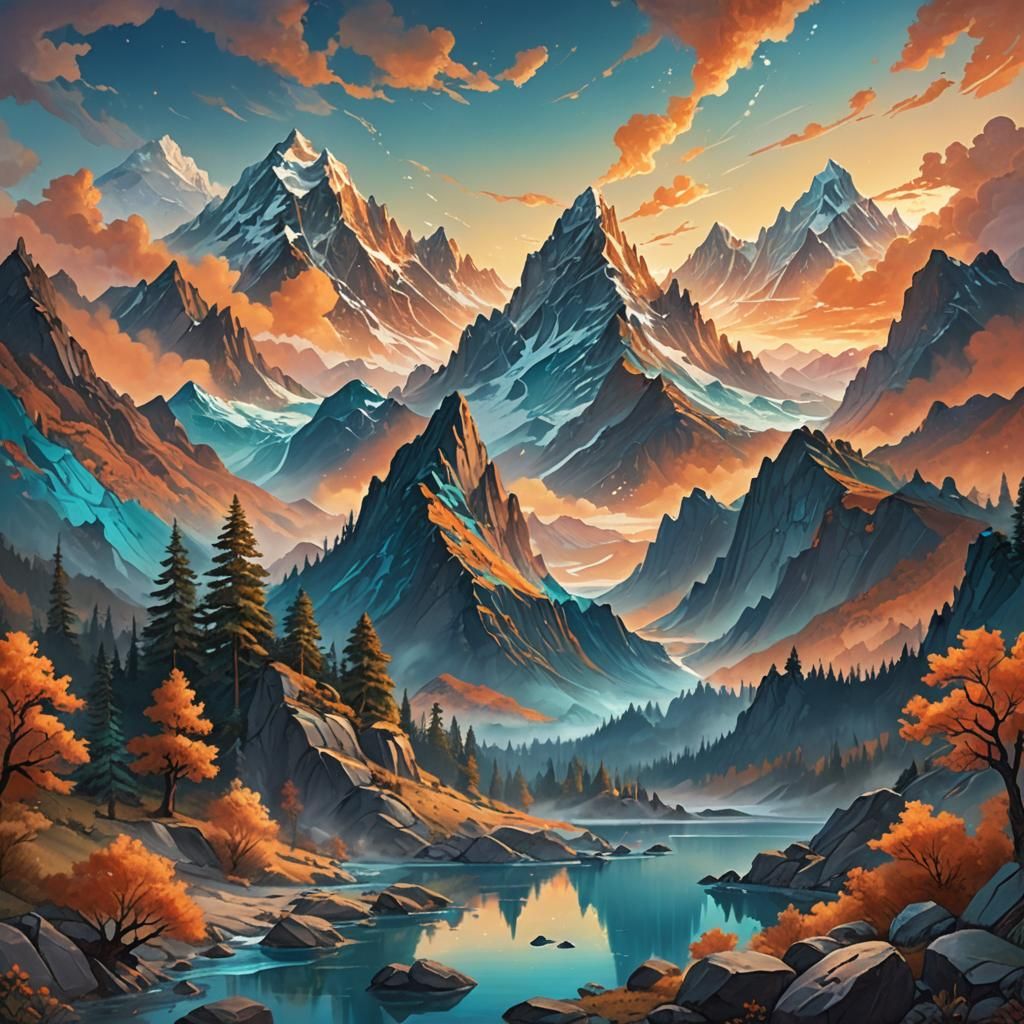 Majestic Mountain Sunset in Picture Book: Fantasy Art