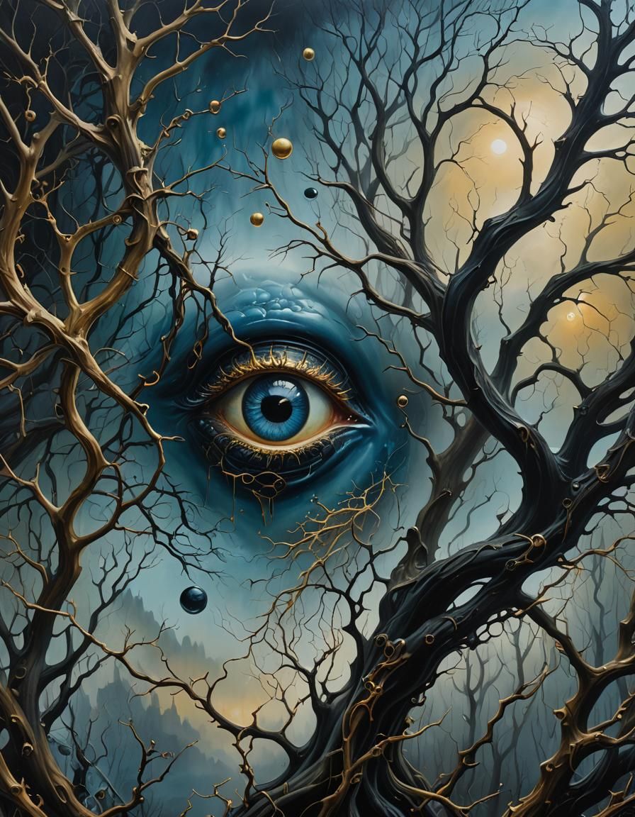 Eerie Surrealist Landscape with Mind's Eye in Oil