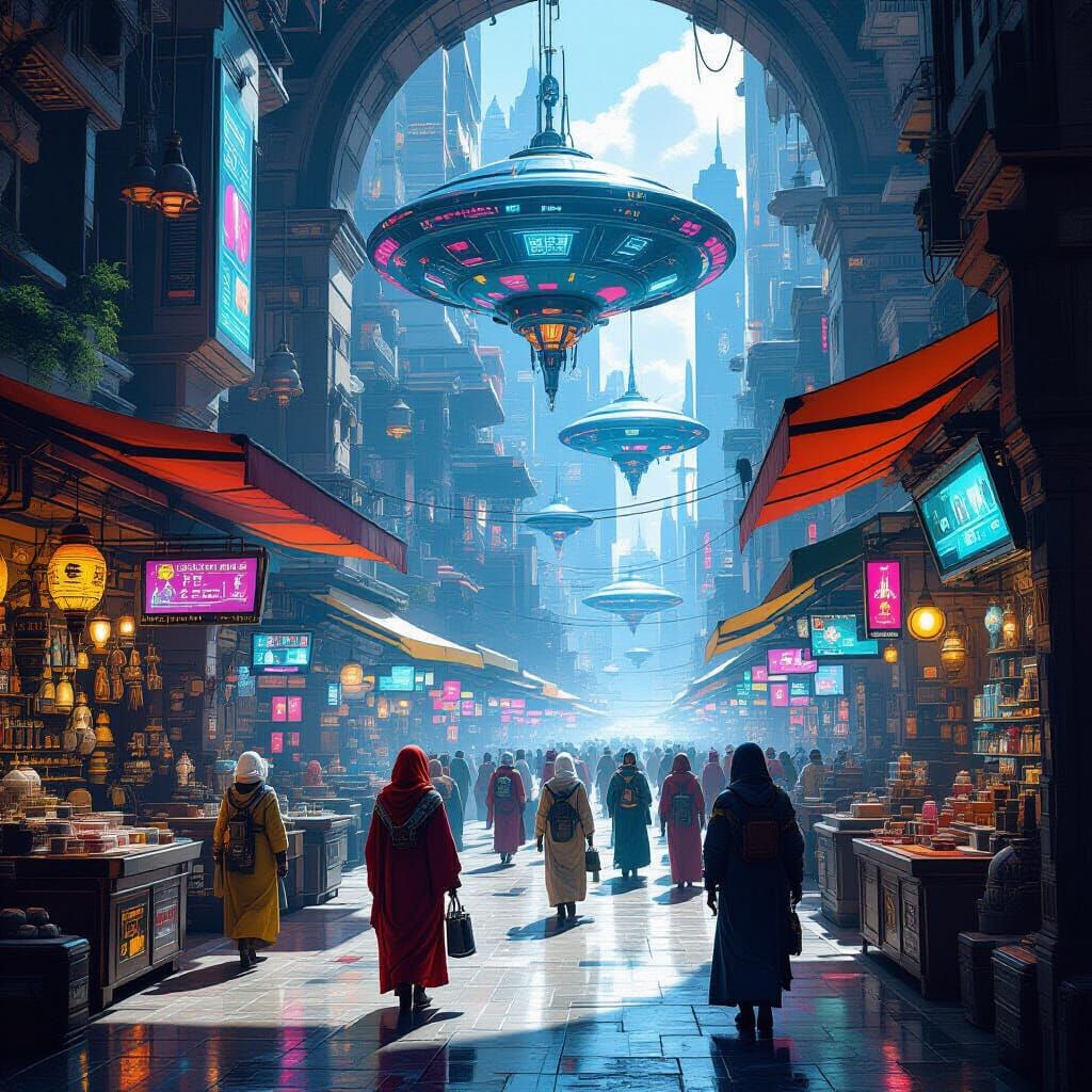 Futuristic Marketplace with Alien Artifacts in Hyperrealisti...