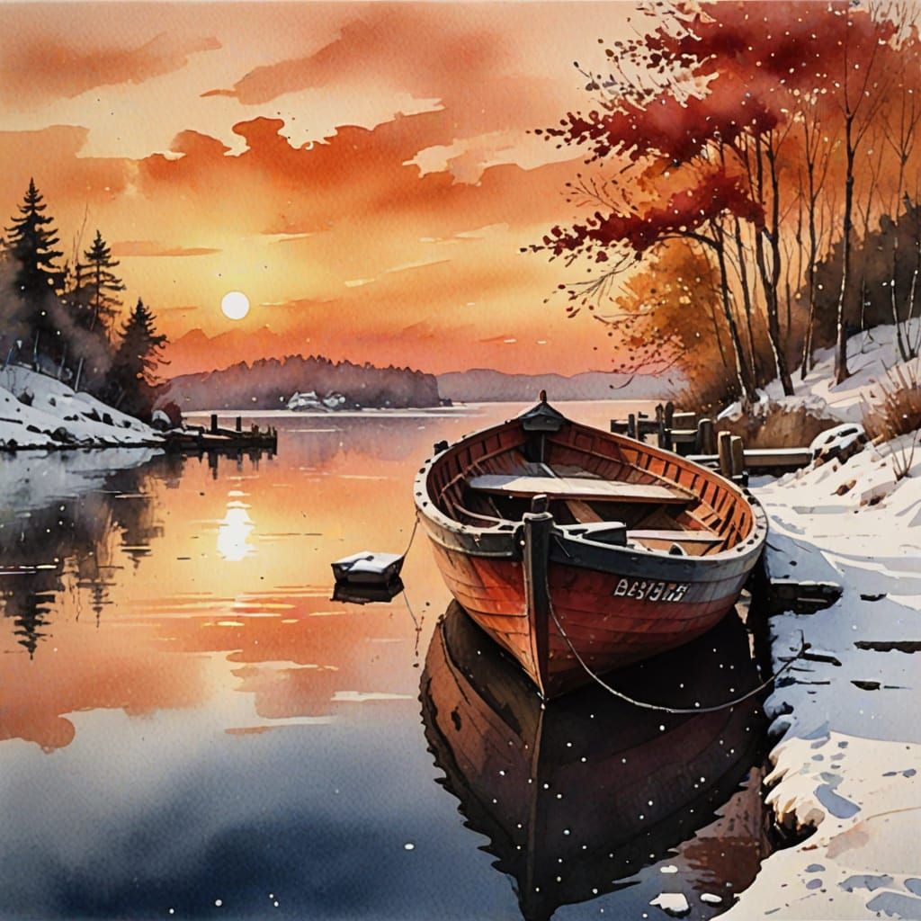 Vibrant Watercolor Sunset on Snowy Dock