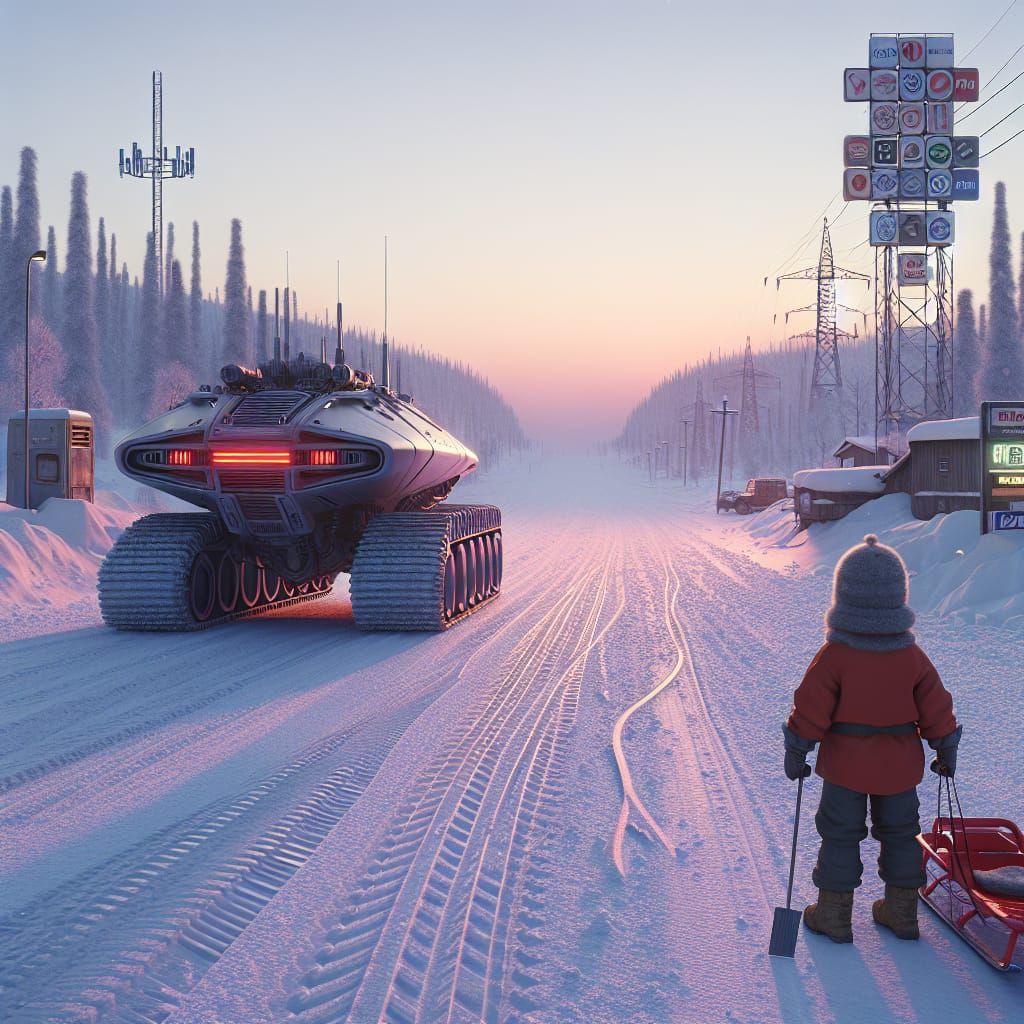 Boy and Futuristic Vehicle in Snowy Norway