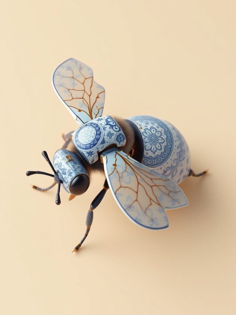 Romantic Mechanical Bee in Porcelain Floral Skin