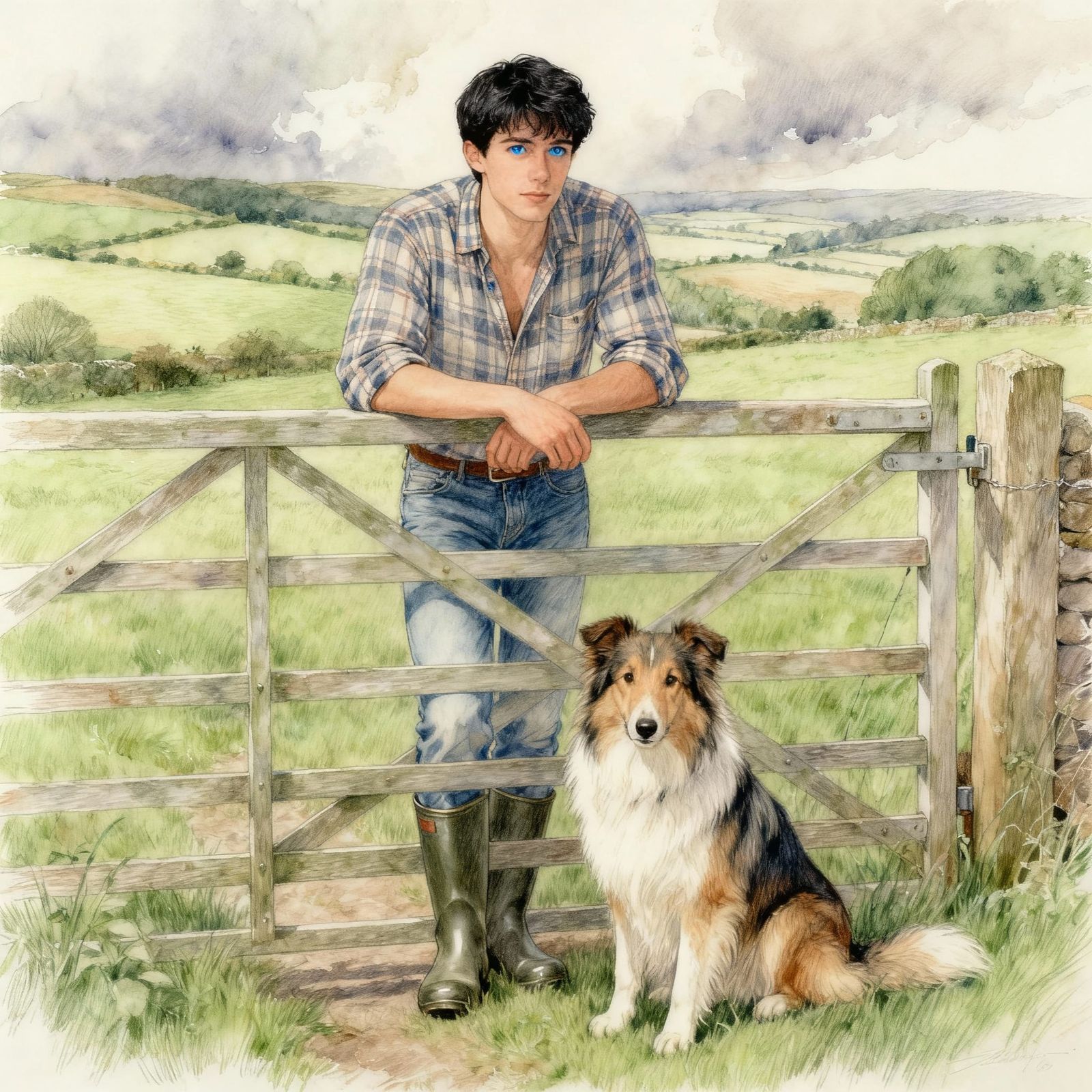 Man and Dog by Fence in Rural Landscape