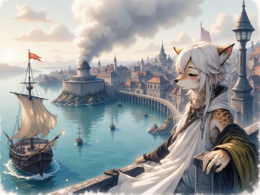 Anime Catgirl Overlooking Fantasy Harbor City
