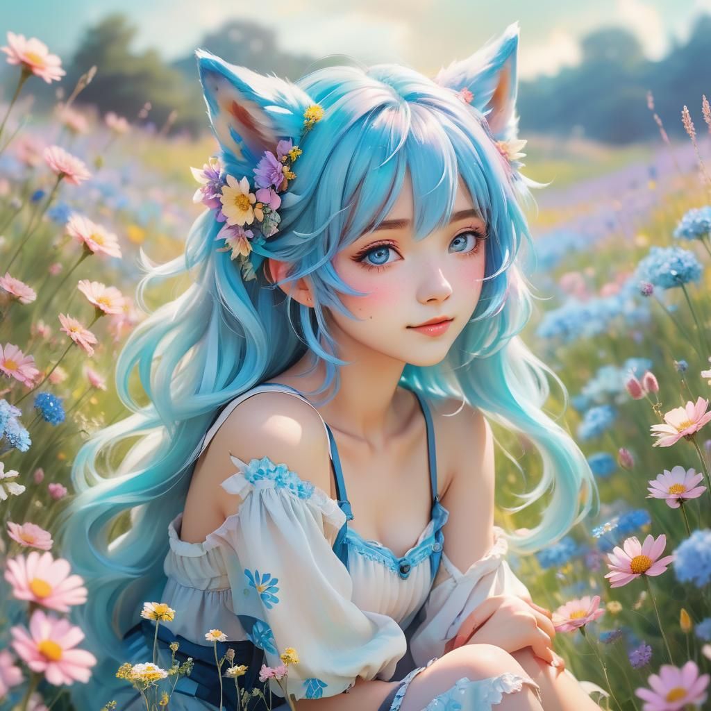 Pastel Anime Girl with Wolf Ears in Flower Field