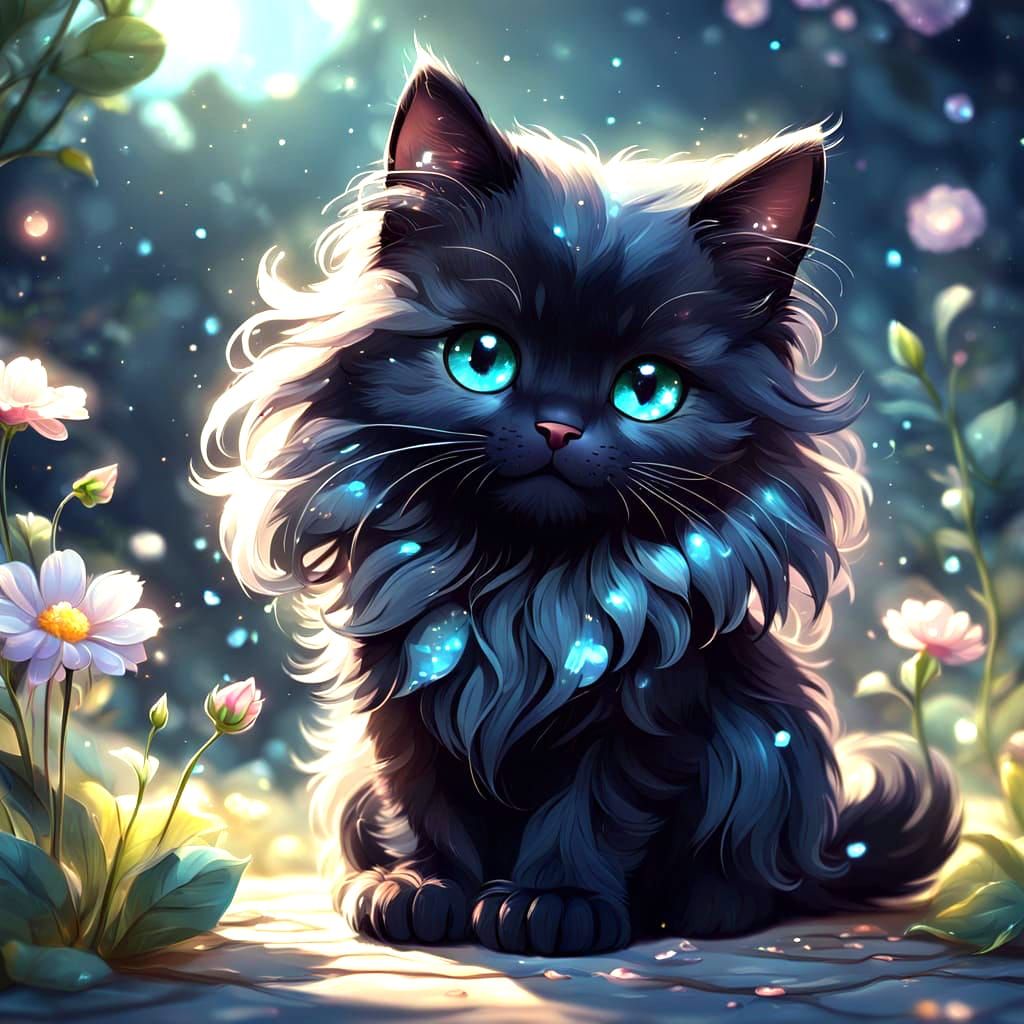 Cute Chibi Cat Playing with Flower in Morning Sunlight