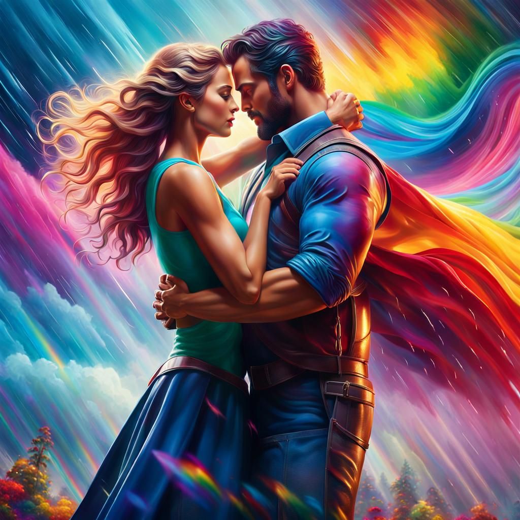 Steel Man and Rubber Woman Embrace in Surreal Storm