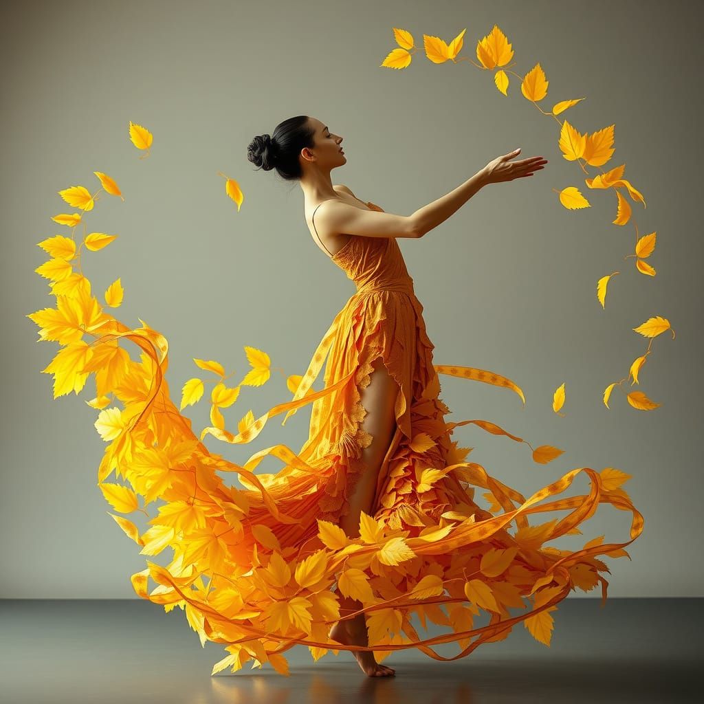 Ethereal Autumn Goddess Swirls in Yellow Leaf Dress