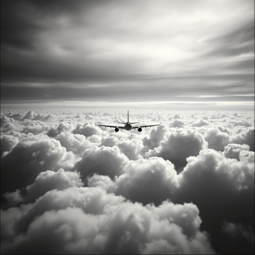 Monochromatic Airplane Soaring in Film Noir Style