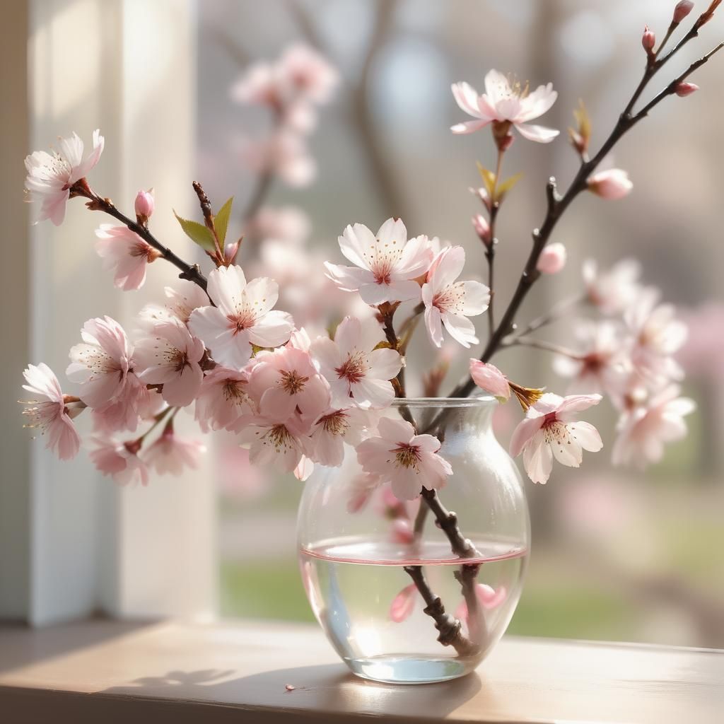 Delicate Cherry Blossom in Glass Vase, Watercolor