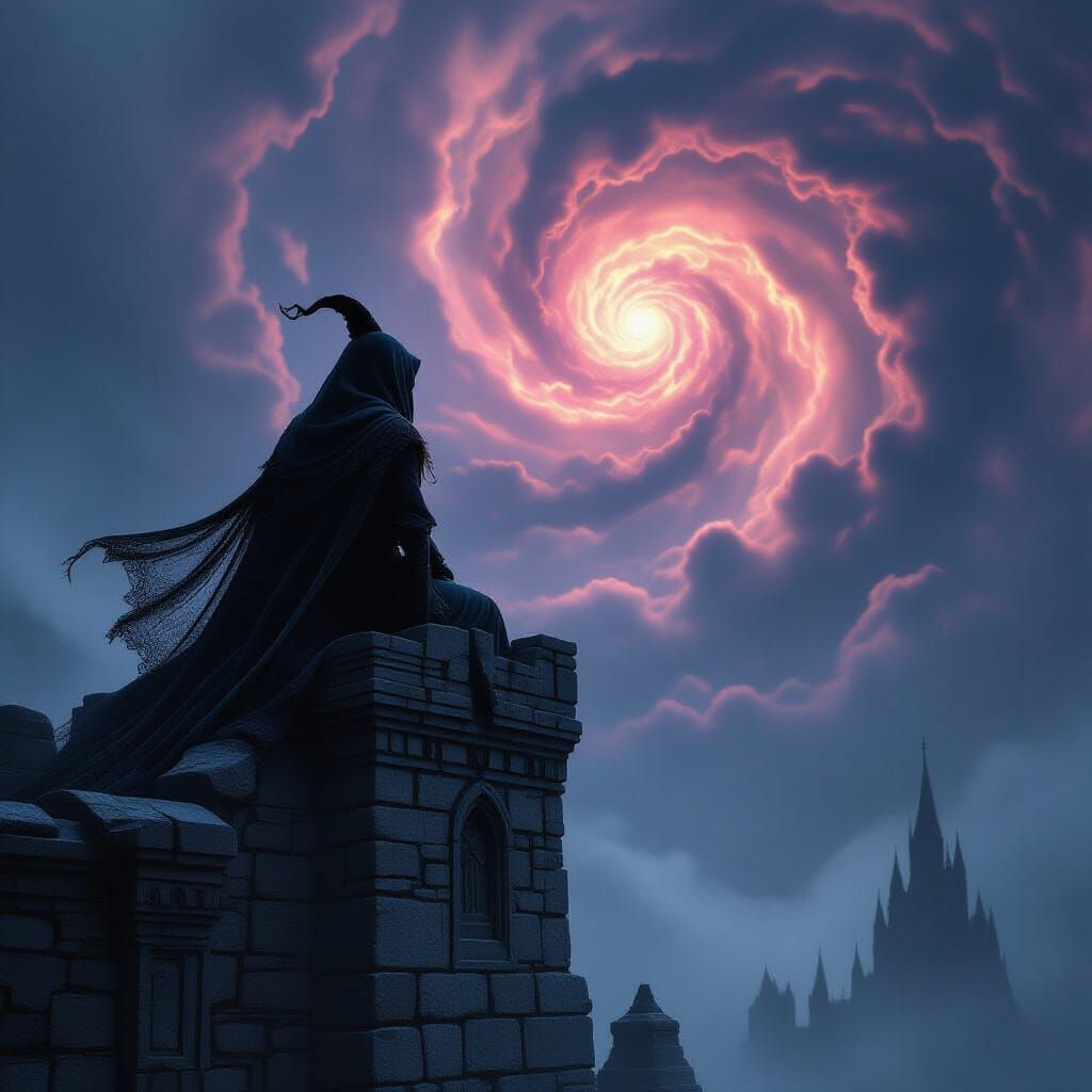 A lone witch watches swirling nebula of raw magic