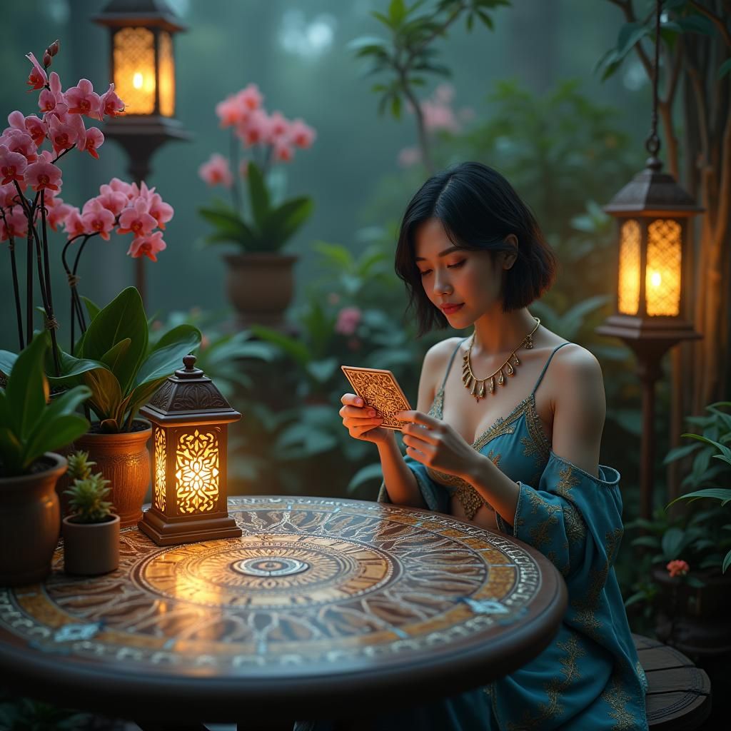 Mystical Eurasian Woman Reading Tarot in Singapore Garden