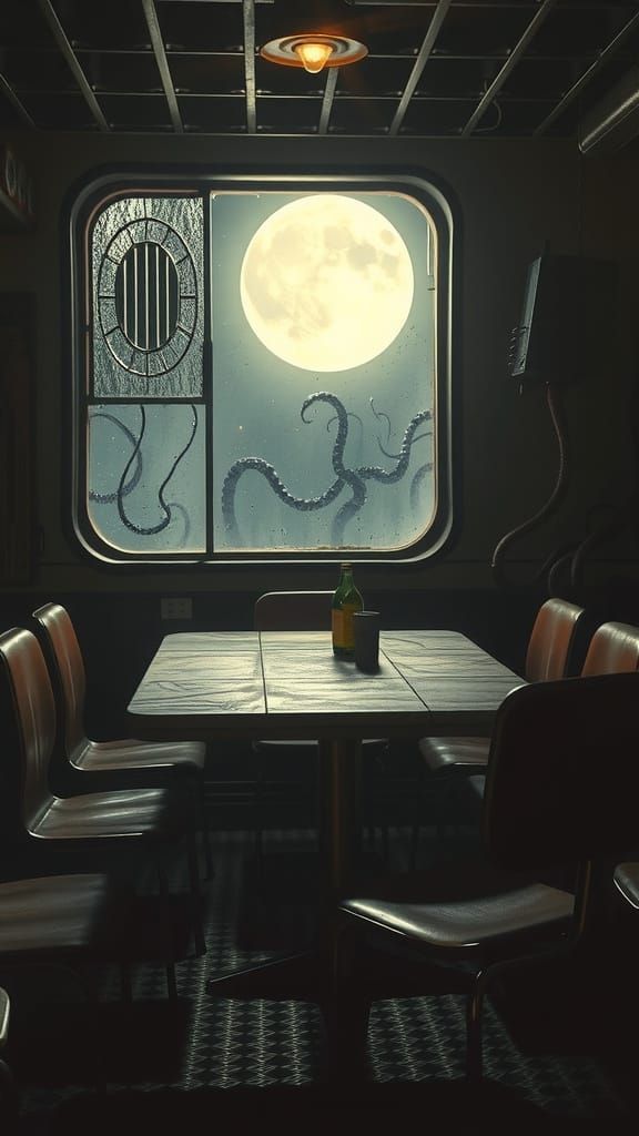 Retro-Futuristic Dining Room in Moonlit Atmosphere