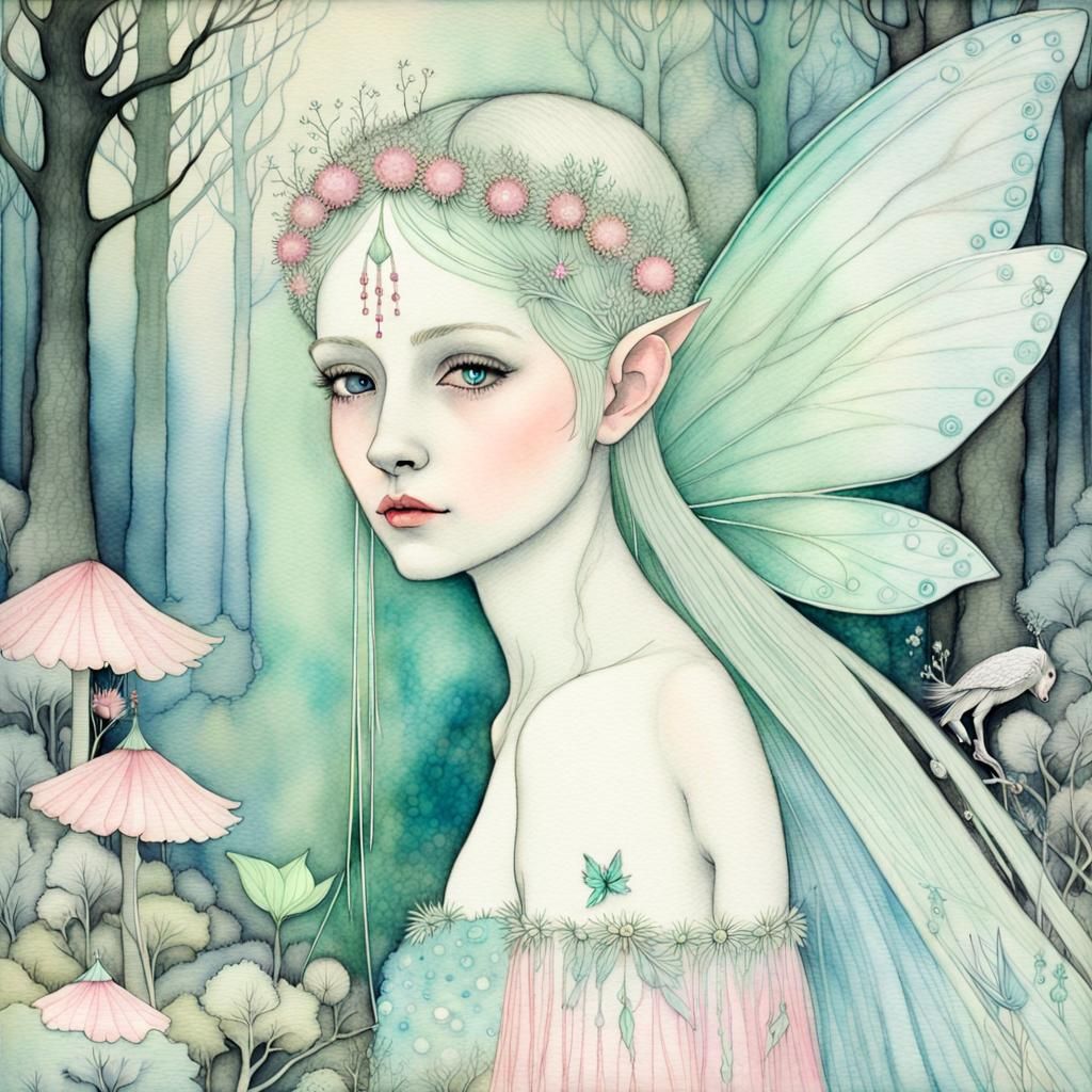 Watercolor Fairy in Whimsical Woodland, Mixed Media