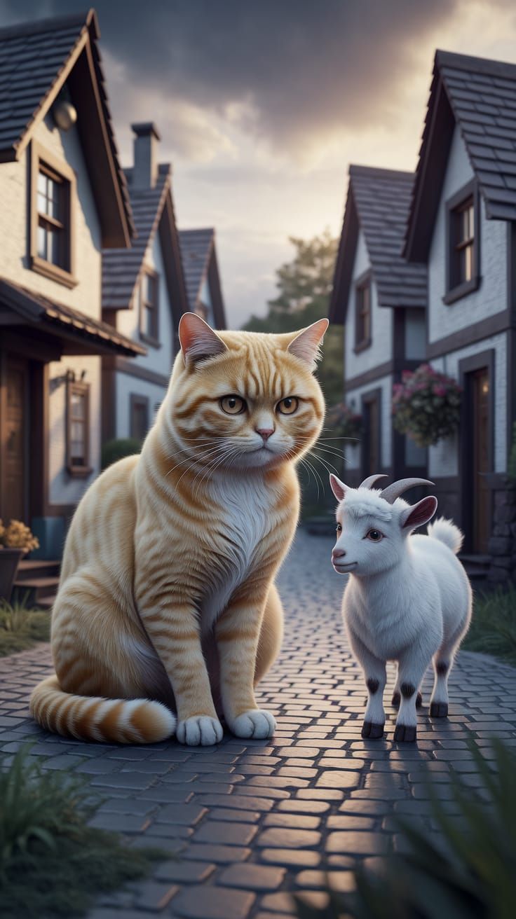 Sorrowful Yellow Cat in Rustic Village