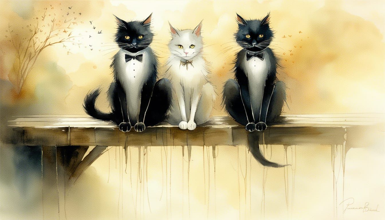 Tuxedo Cats on Bridge in Watercolor Style