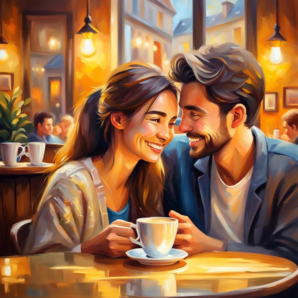 Romantic Couple in Café: Oil Painting