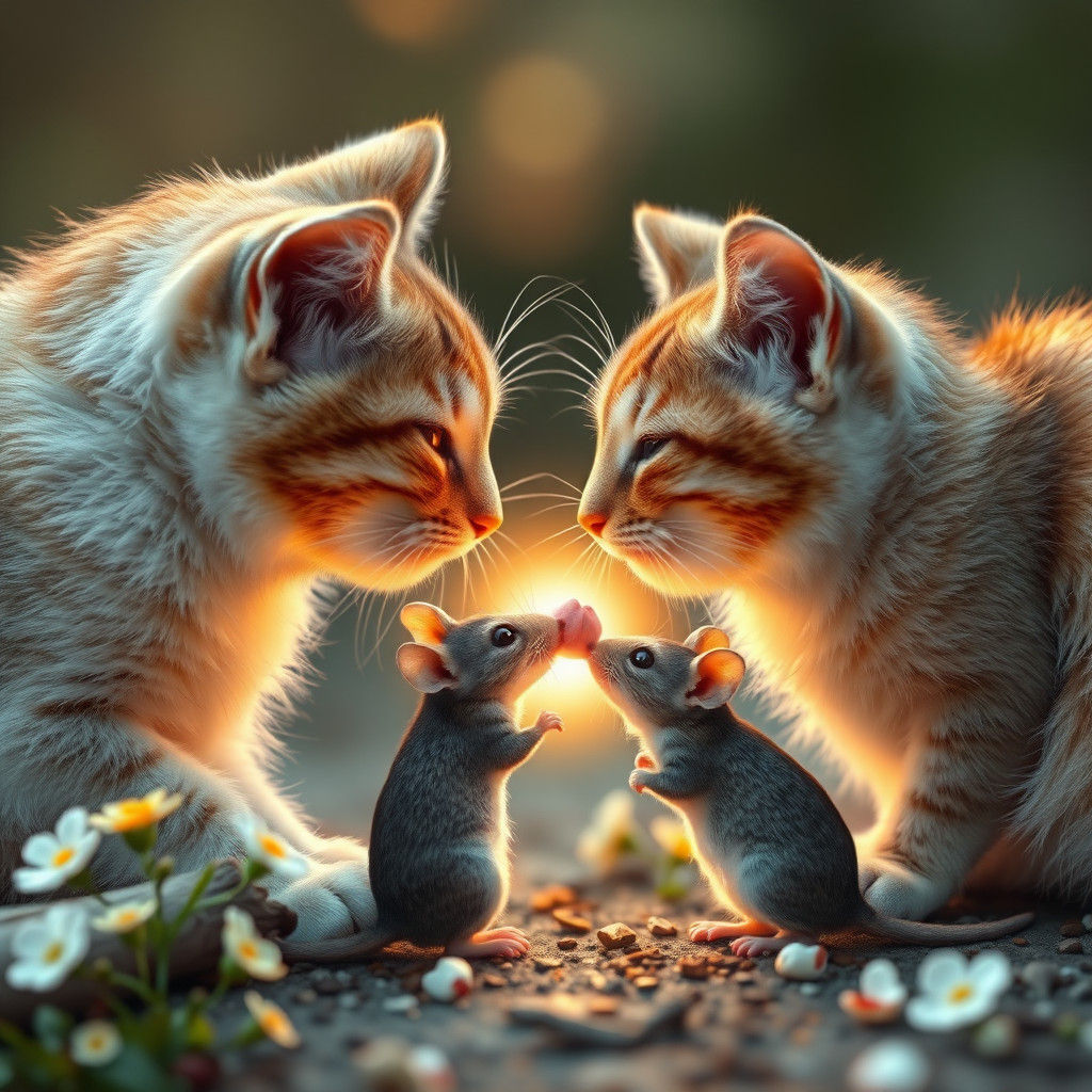 Affectionate Cat and Mouse Springtime Scene