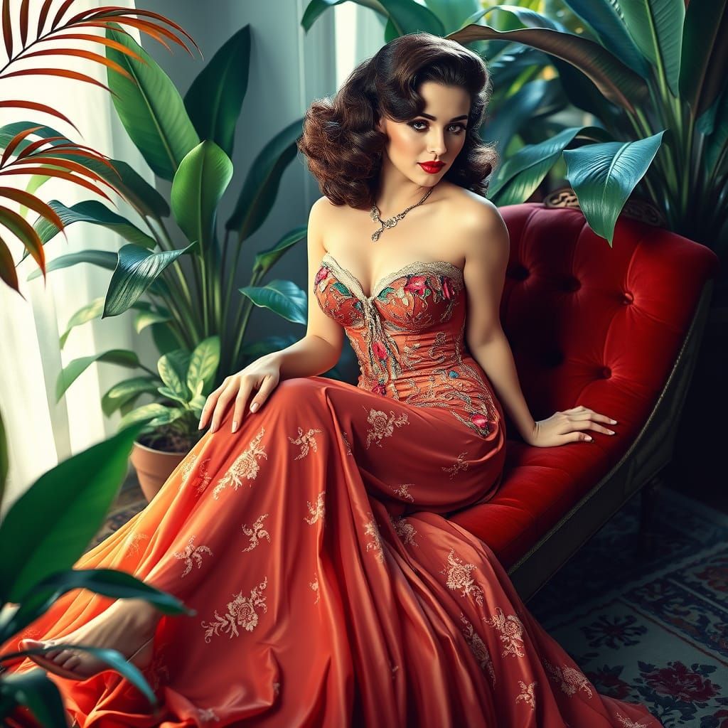 Retro Pin-Up in Hollywood Style with Velvet Chaise