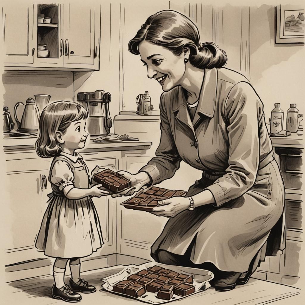 Cartoon Mother Asks Daughter for Chocolate Slab