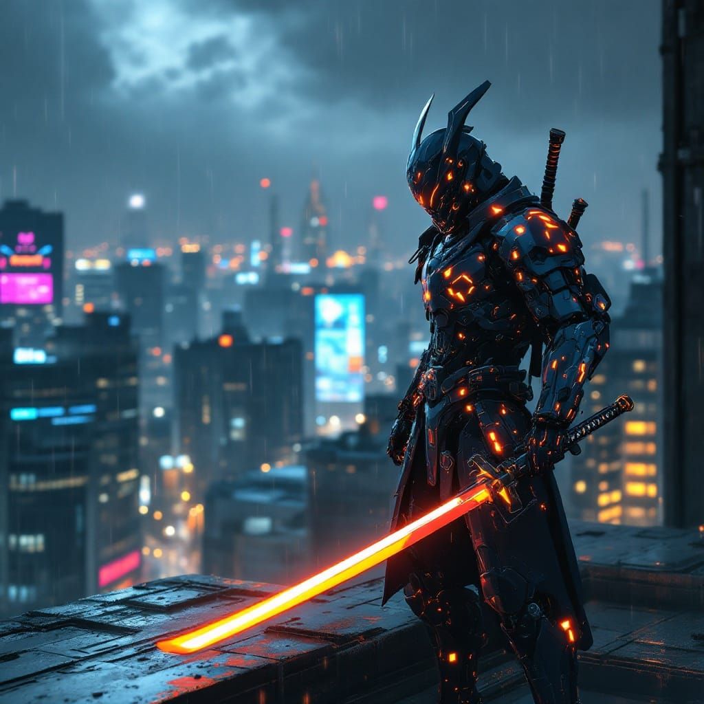 Cyberpunk Warrior Stands Tall in Neon-Lit City