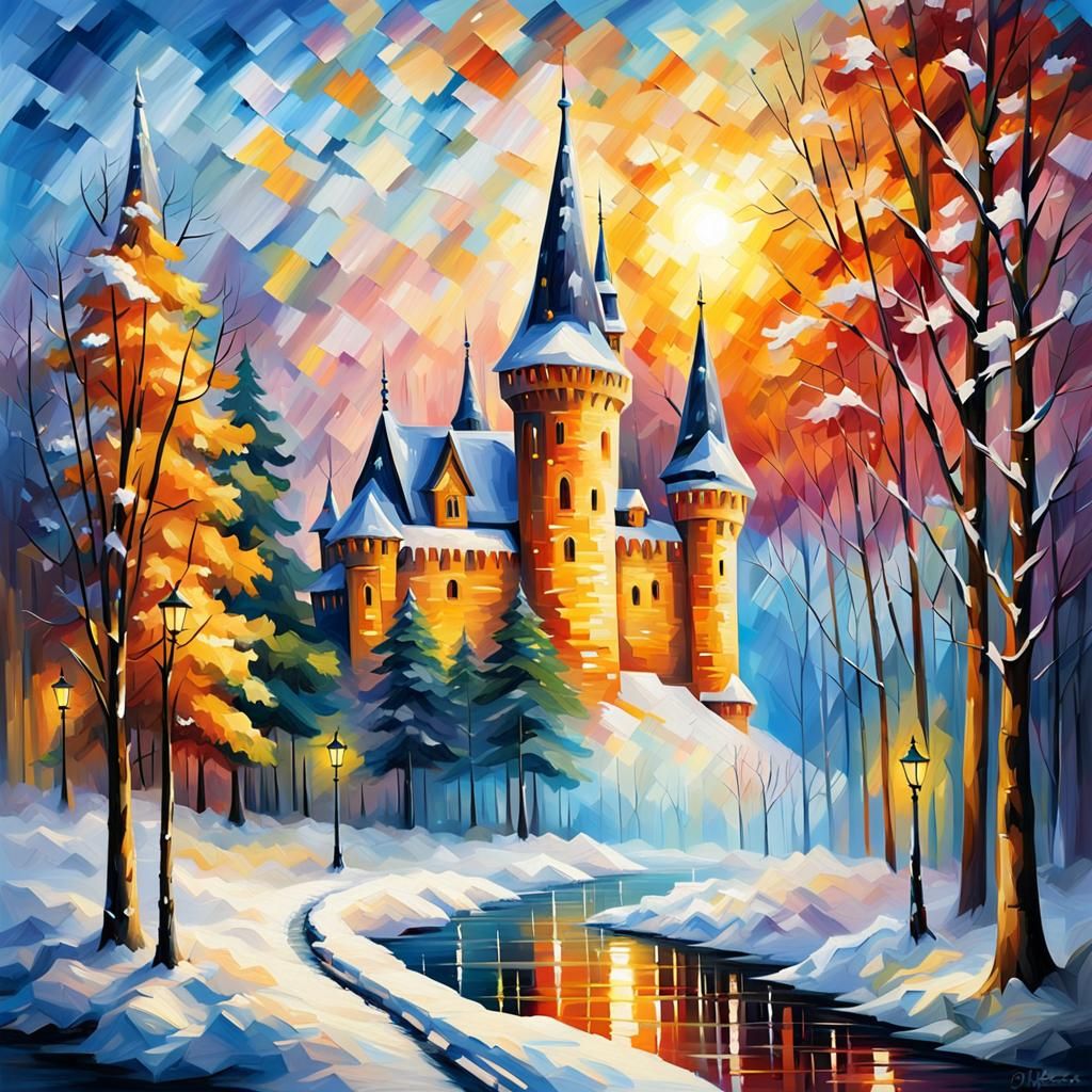 snow-covered castle oil painting