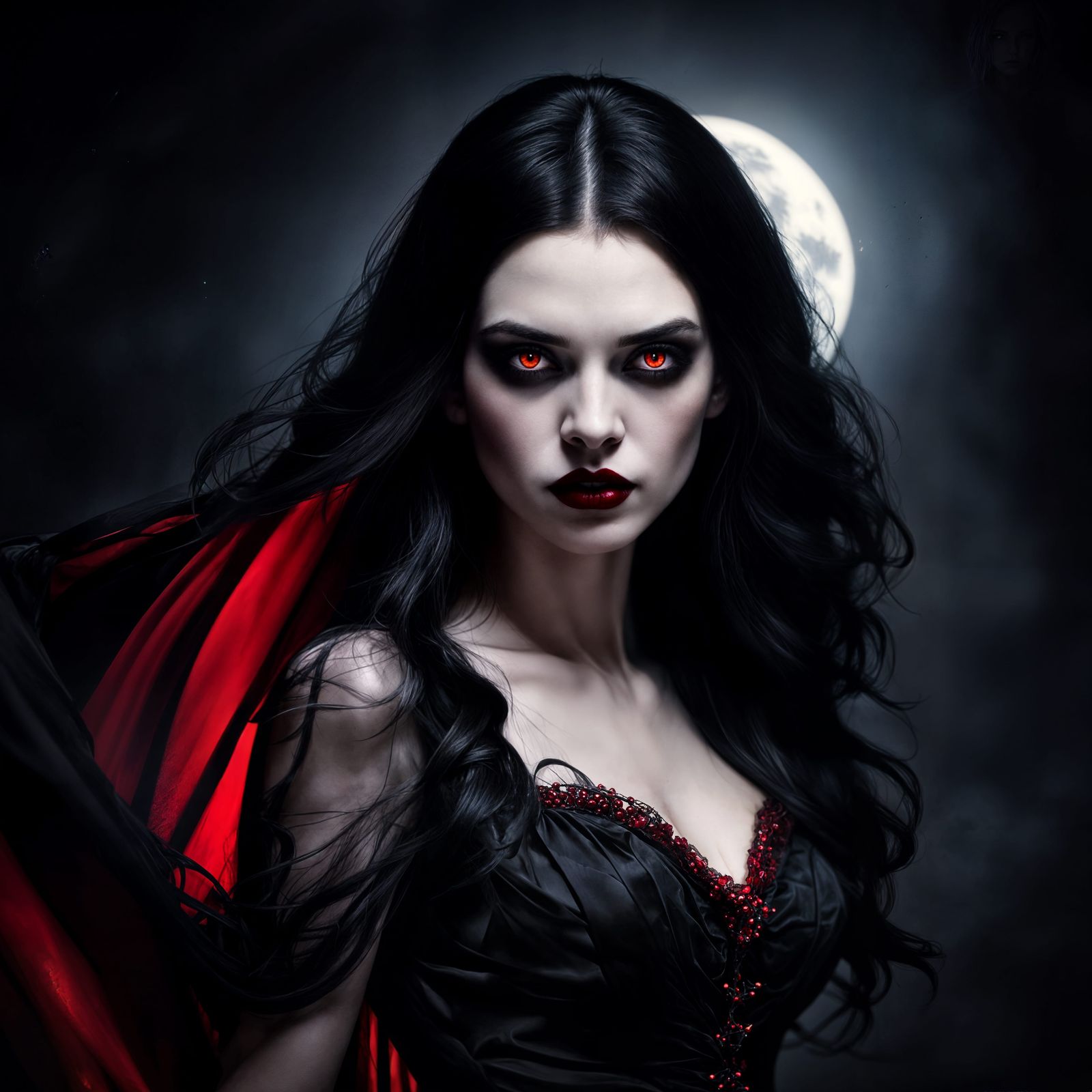 Curvy Vampire Woman with Red Eyes and Two-Tone Hair