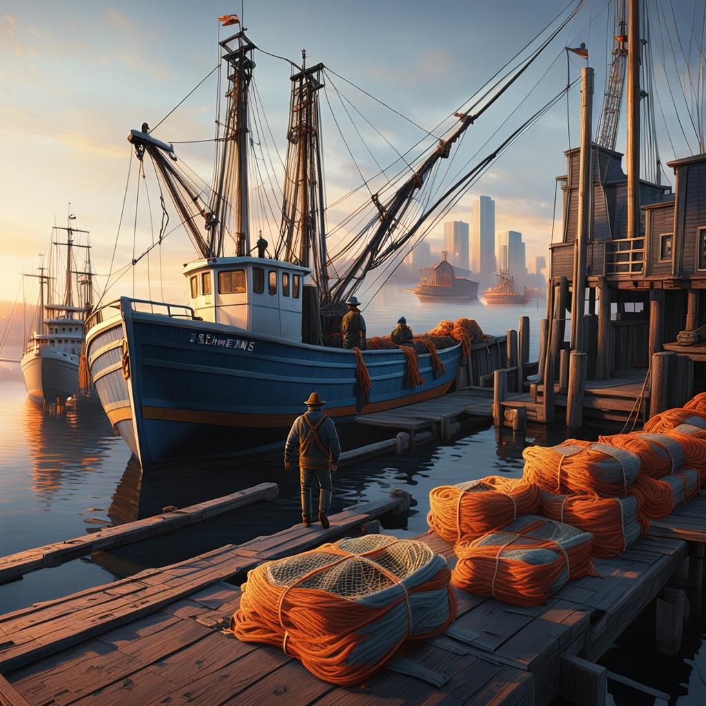 Boston Harbor Fishermen Unloading Nets, Syd Mead Style