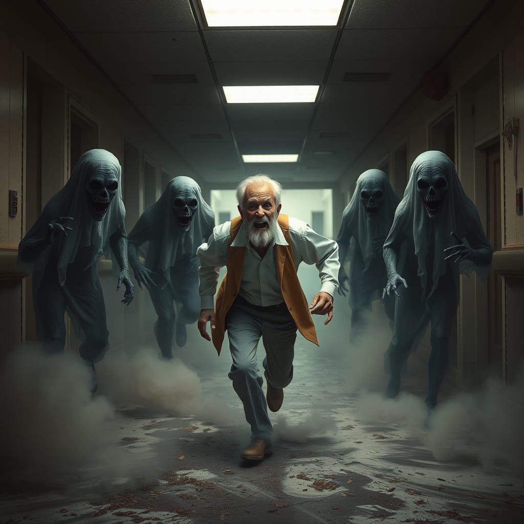 Ghostly Monsters Chase Old Man in Abandoned Hospital